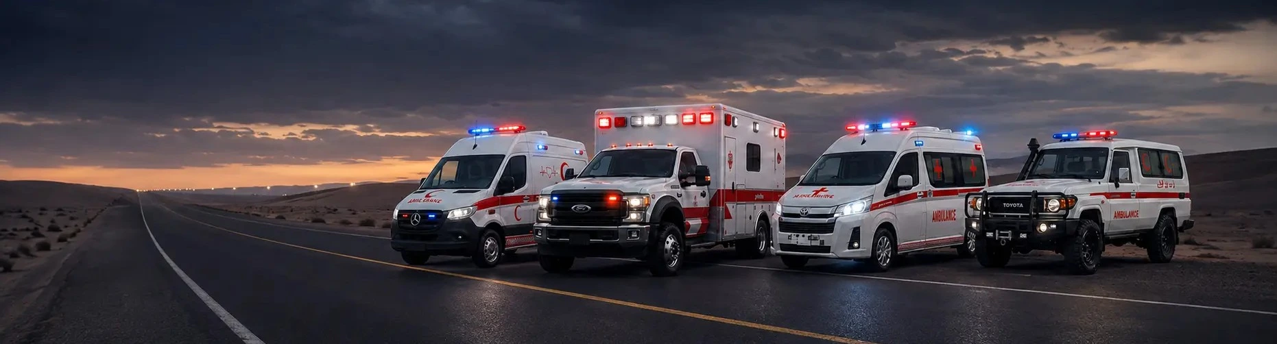 AutoZone UAE ambulance fleet featuring a Mercedes-Benz Sprinter, Ford box-type ambulance, Toyota Hiace, and Toyota Land Cruiser 4x4 ambulance
