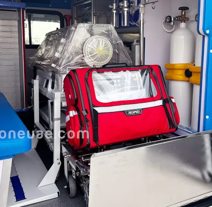 Neonatal ambulance inside with ventilator