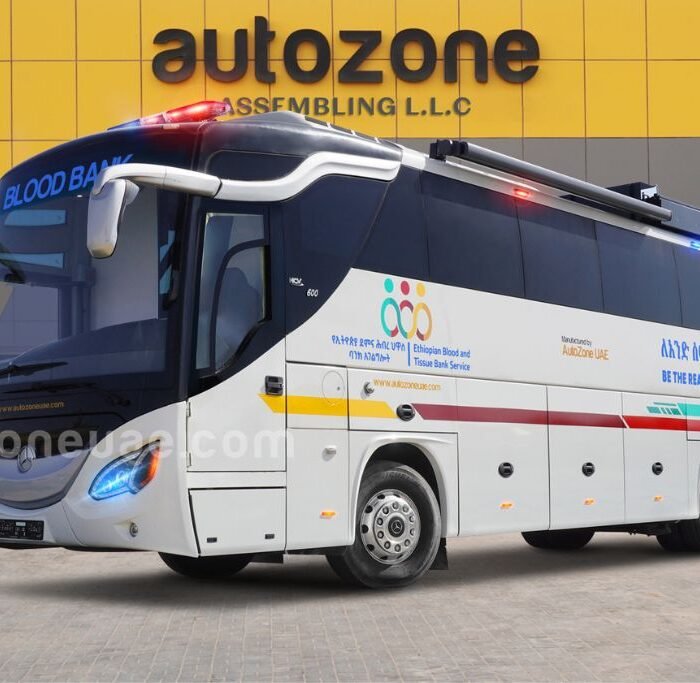 Mobile blood bank bus front view