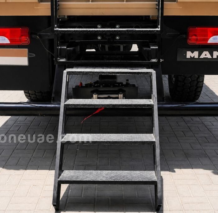 Tactical police rescue truck back stairs