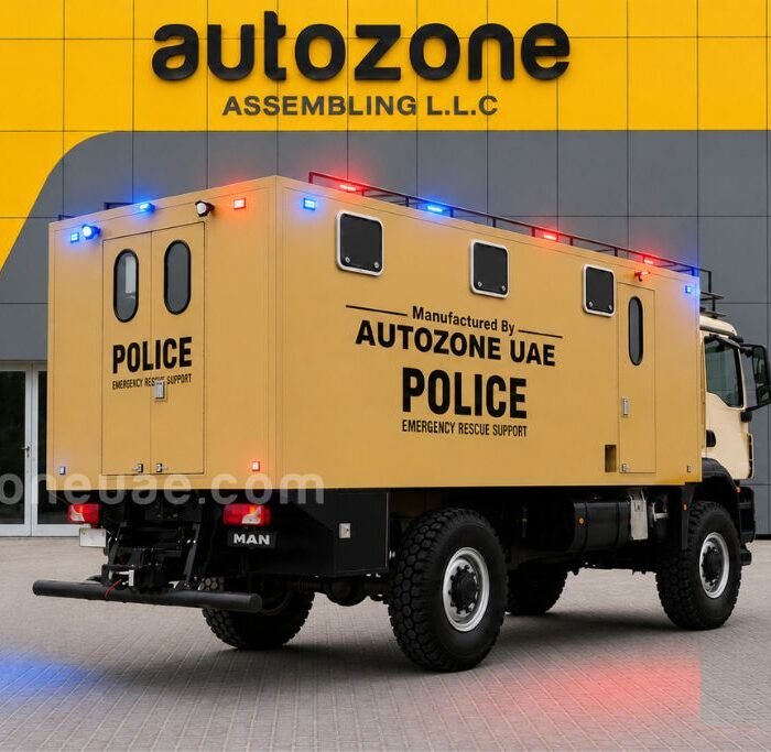 Tactical police rescue truck backside view