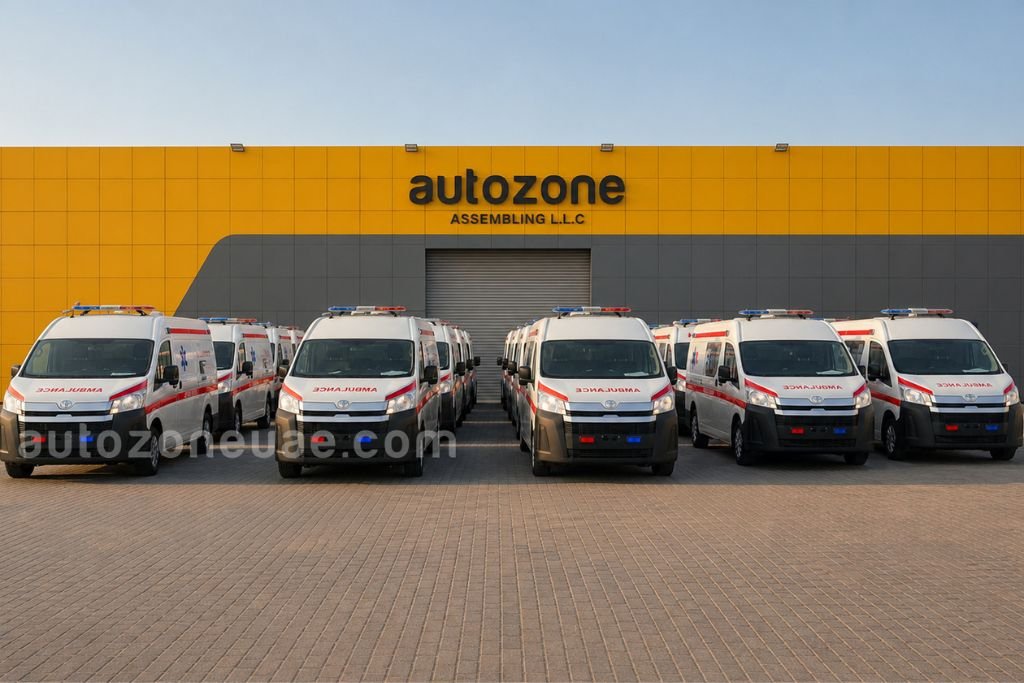 Toyota Hiace ambulances parked in two rows in front of the Autozone Assembling building
