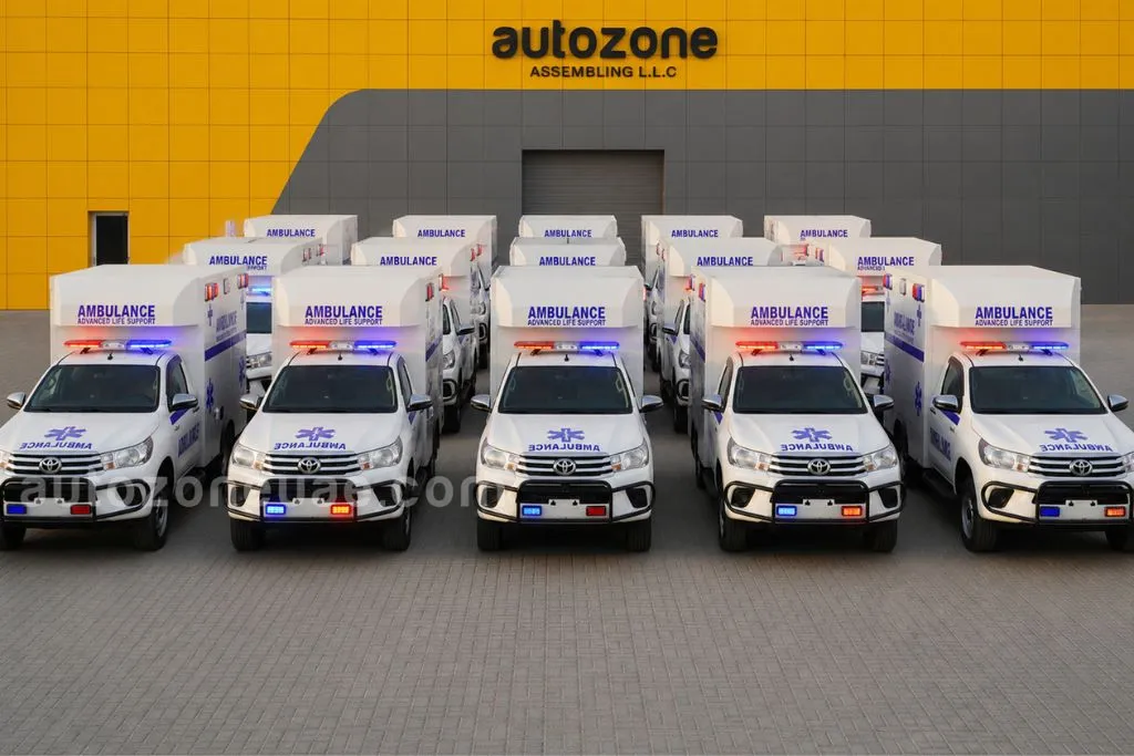 Fleet of Toyota Hilux box type ambulances built by AutoZone UAE for Ivory Coast Ministry of Health