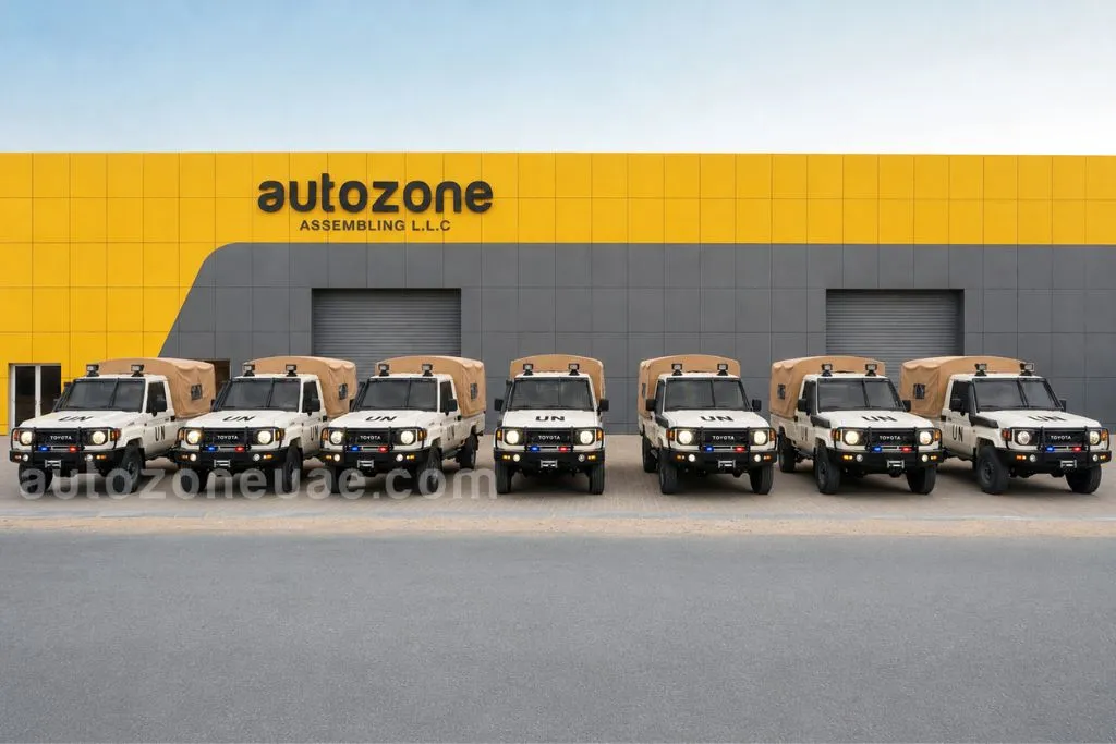 Fleet of white Toyota Land Cruiser 79 UN security force vehicles parked outside the Autozone Assembling facility