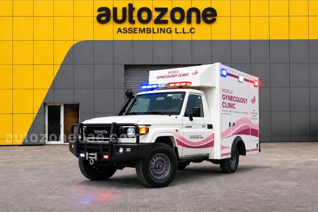4x4 mobile gynecology clinic on a Toyota Land Cruiser with pink livery, bull bar, and roof light bar