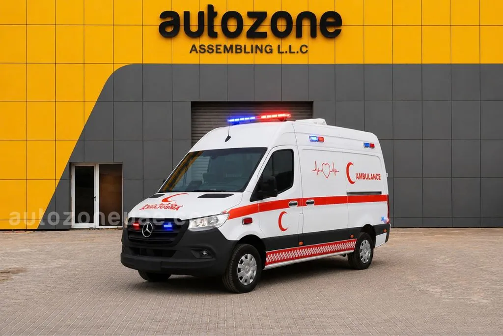 Mercedes Sprinter 4x2 ambulance in white with red livery, LED light bar and chevron markings