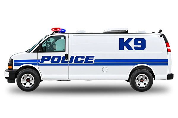Side view of a GMC Savana police K9 handler support vehicle with blue stripe livery