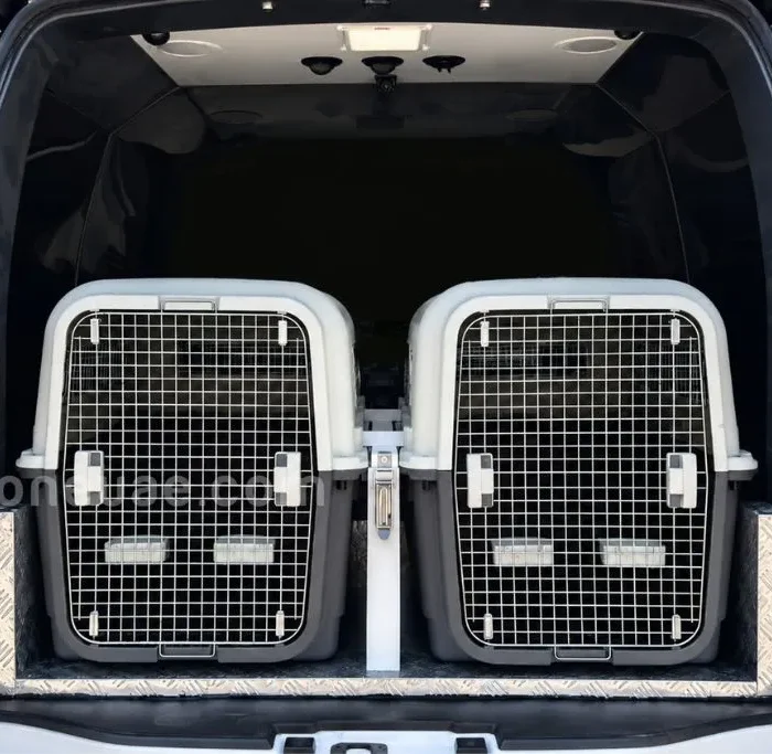 Twin Dog Crates Secured to Chequer Plate Flooring
