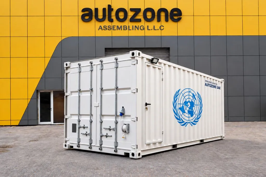 Rear view of an ablution container showing the service doors, power inlet, and hose reel
