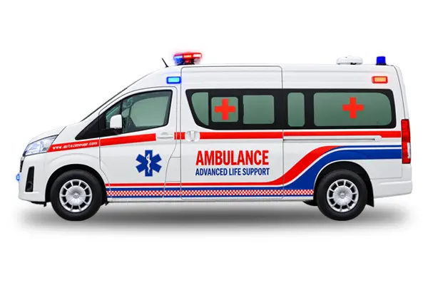 Side view of a Toyota Hiace high roof ALS ambulance with red and blue livery and roof beacons