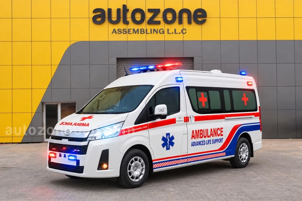 Toyota Hiace high roof ALS ambulance with red and blue livery and roof light bar
