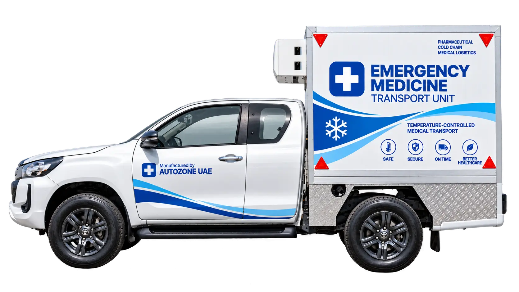 Side view of a Toyota Hilux medicine transport vehicle with insulated cold chain box body