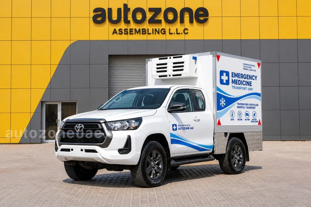 Toyota Hilux medicine transport vehicle with insulated box body and roof mounted Thermo King unit