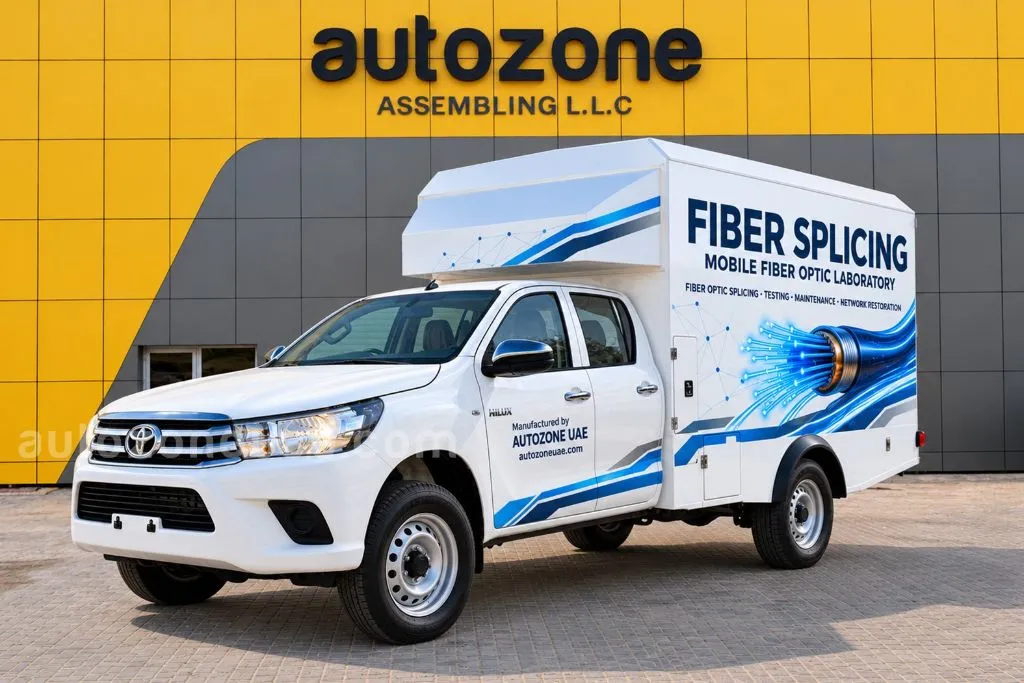 Mobile fiber optic laboratory on a Toyota Hilux double cab with over-cab box body extension